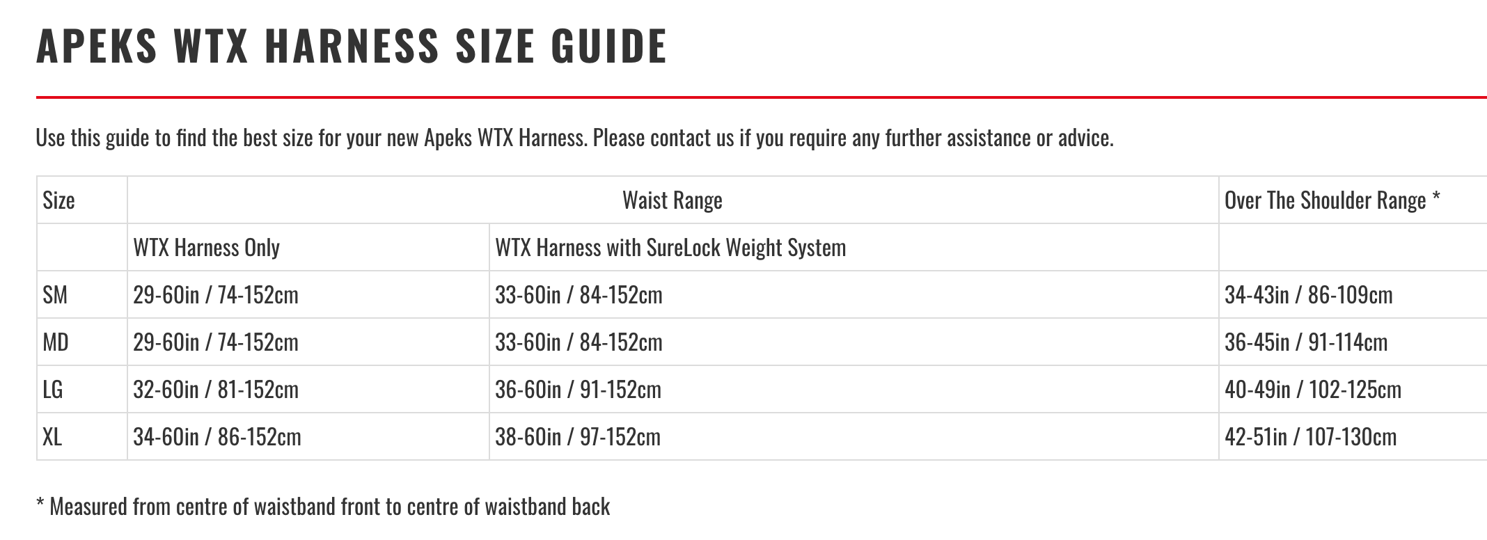 Male Size Chart for WTX Harness