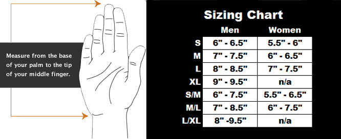 Male Size Chart for Fleece Dry Glove Liner