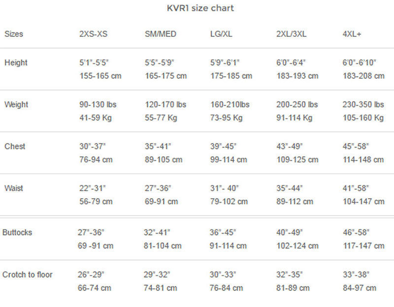 Male Size Chart for KVR1 Kevlar Drysuit 