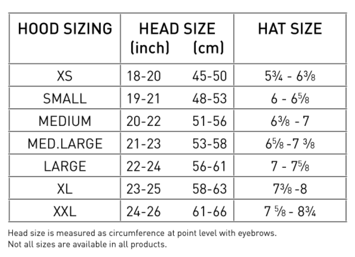 Male Size Chart for Merino 7mm Zippered Drysuit Hood