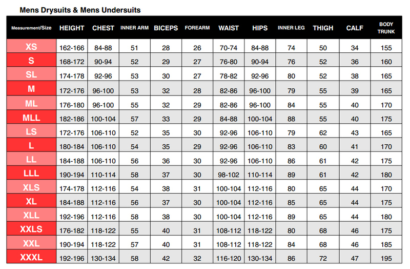 Male Size Chart for BZ 400 Heated Undersuit