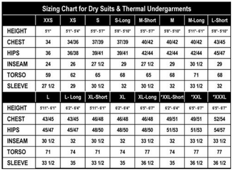 Male Size Chart for Aqua Deluxe Front Entry Drysuit