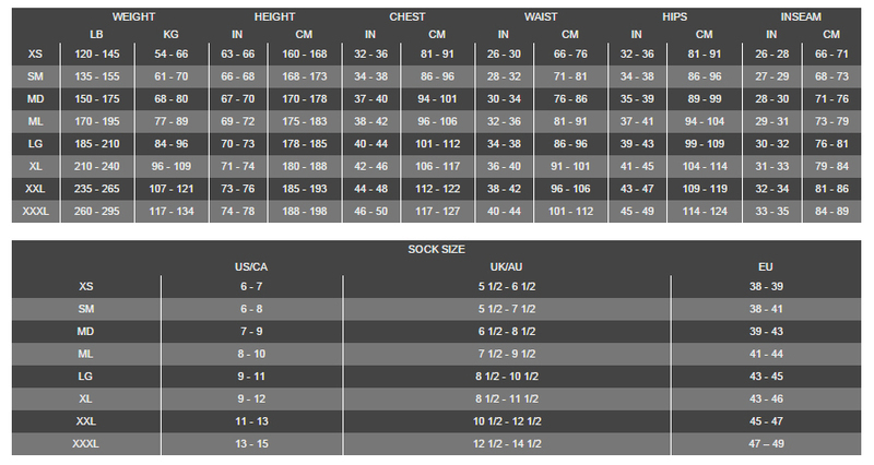 Male Size Chart for BTR-500 Drysuit
