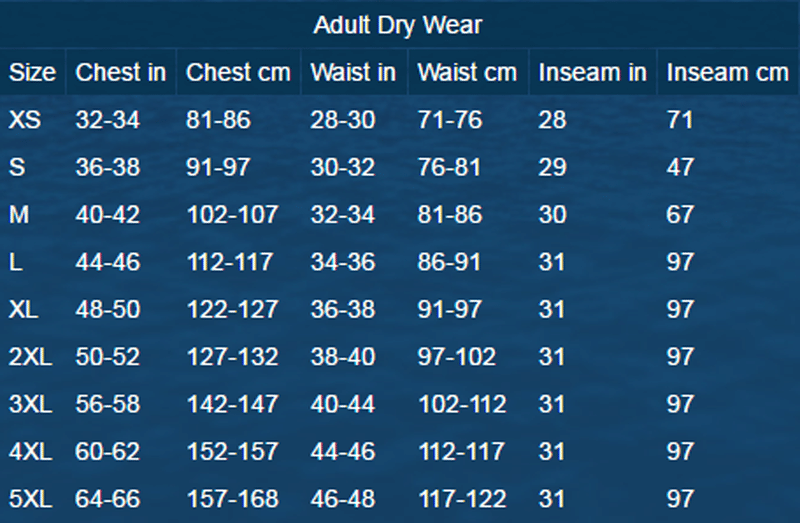 Male Size Chart for I596 Driflex Ice Rescue Suit
