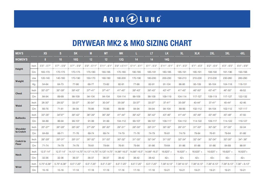 Male Size Chart for Glacier MK2 Base John Undergarment - 2XL - Closeout