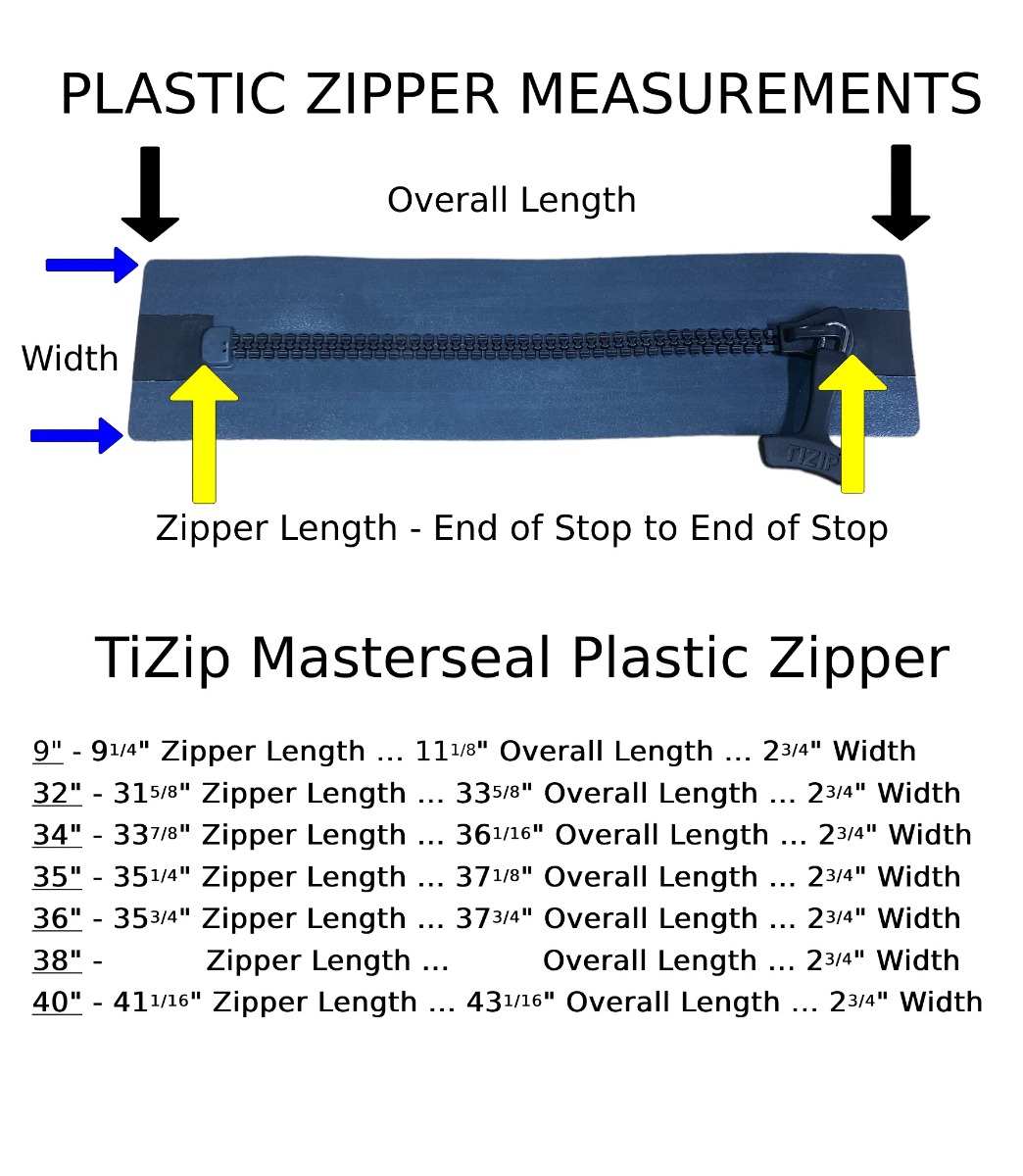 Male Size Chart for TIZIP Masterseal Grey Drysuit Zipper