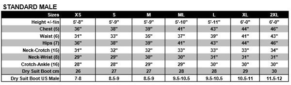Male Size Chart for D7 Pro Trilam Front-Entry-Men's