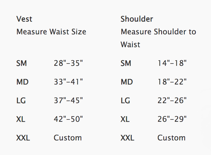 Male Size Chart for SAR BC