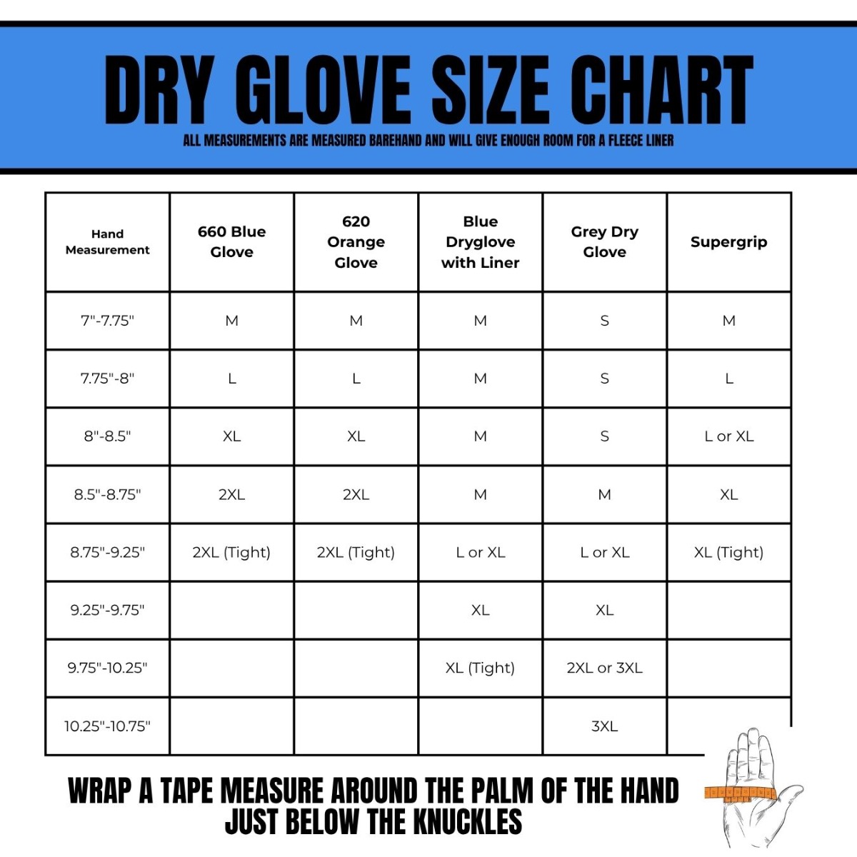 Quick Glove Dryglove System Size Chart