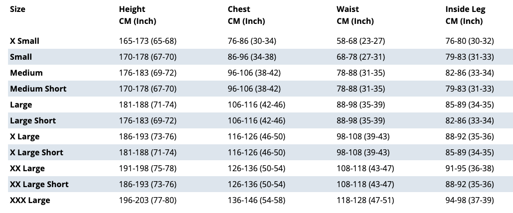 Men's Arctic Undergarment Package Size Chart