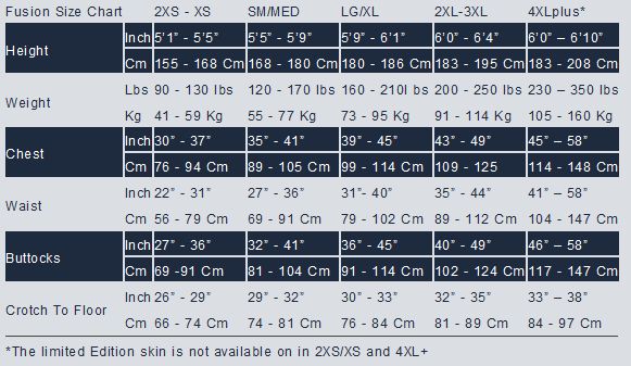 Size Chart for Fusion One Backzip Drysuit
