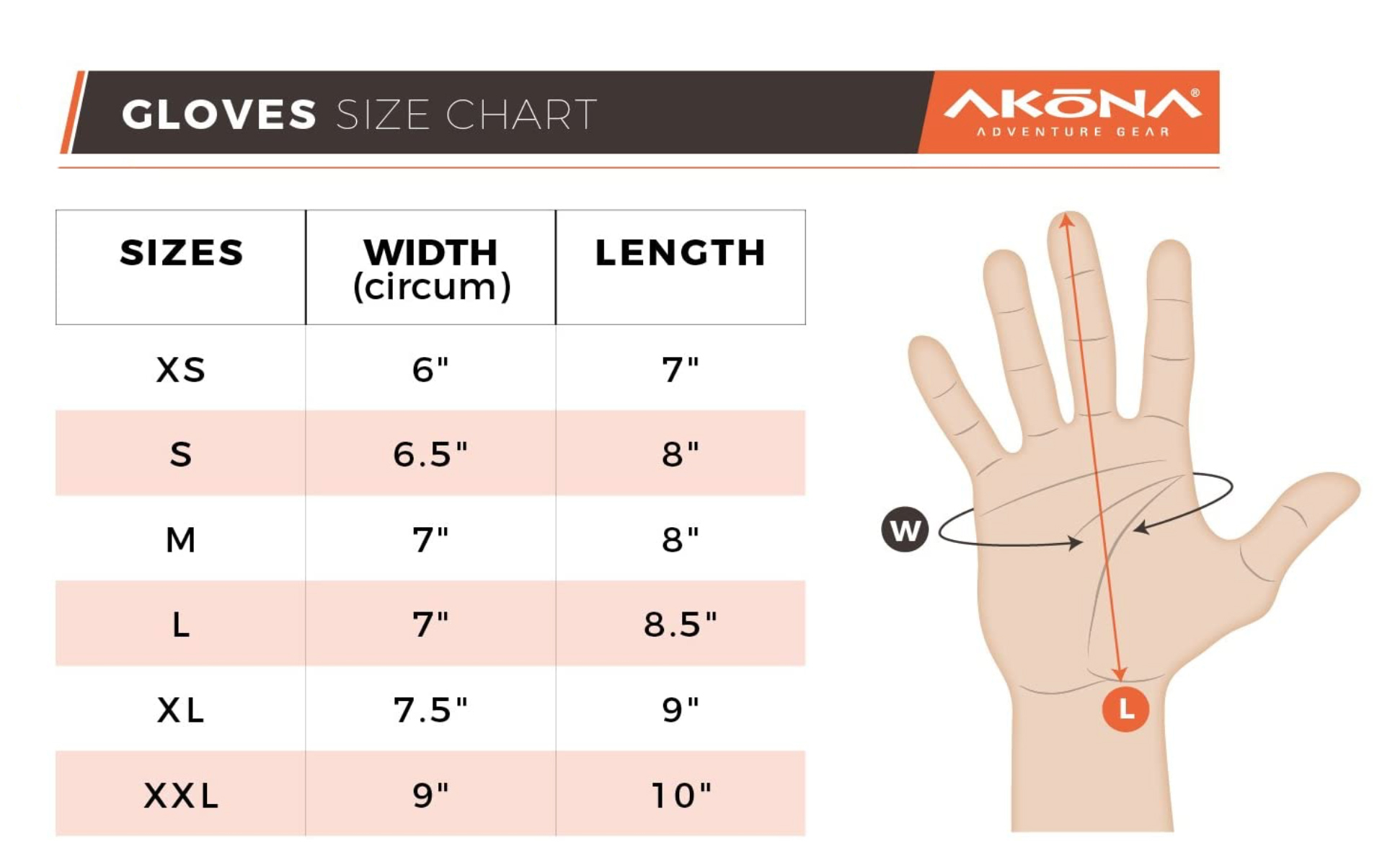 Male Size Chart for Adventure Glove-Closeout