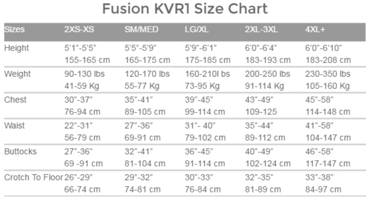 Size Chart for Fusion KVR1 Kevlar Skin 