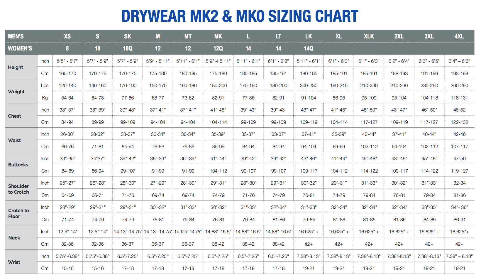 Size Chart for Whites MK2 Base Undergarment Jacket
