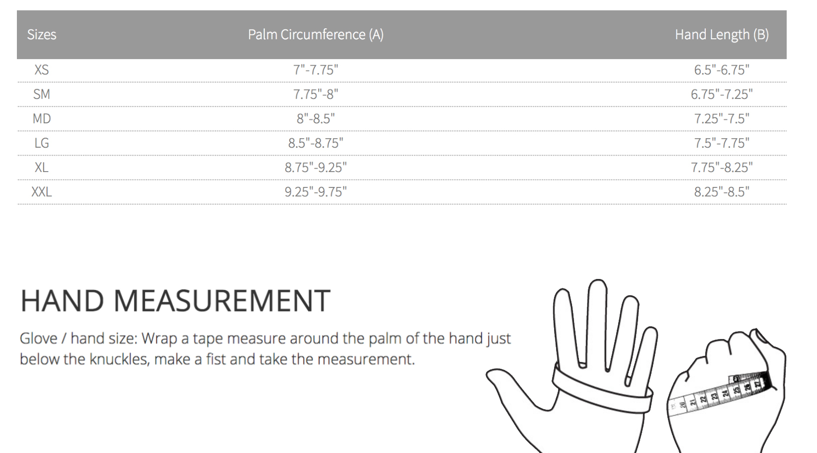 Size Chart for 490 PVC Insulated Dryglove