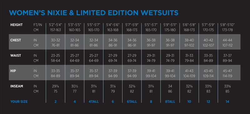 Female Size Chart for Nixie Ultra 5mm Women's Wetsuit