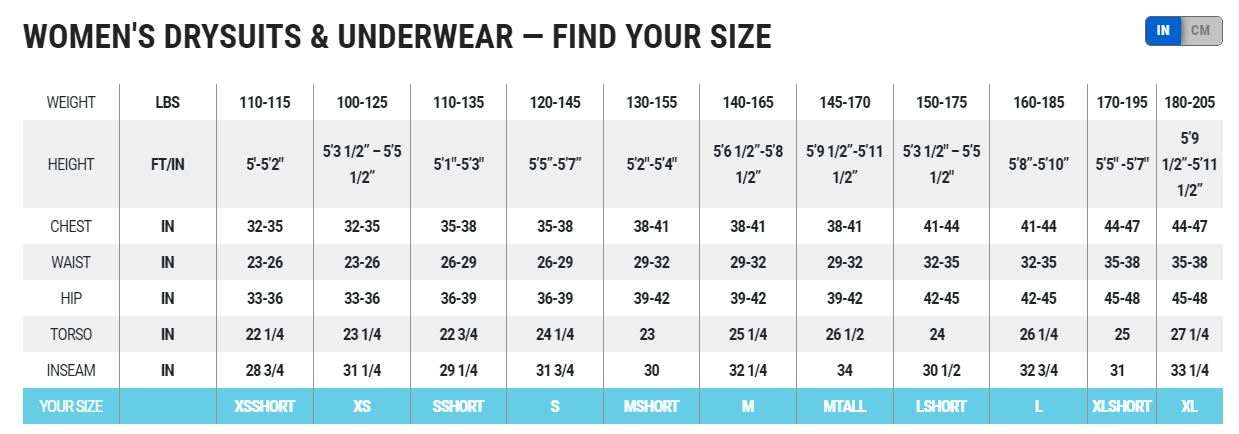 Size Chart for Women's 50th Anniversary X-Mission Evolution