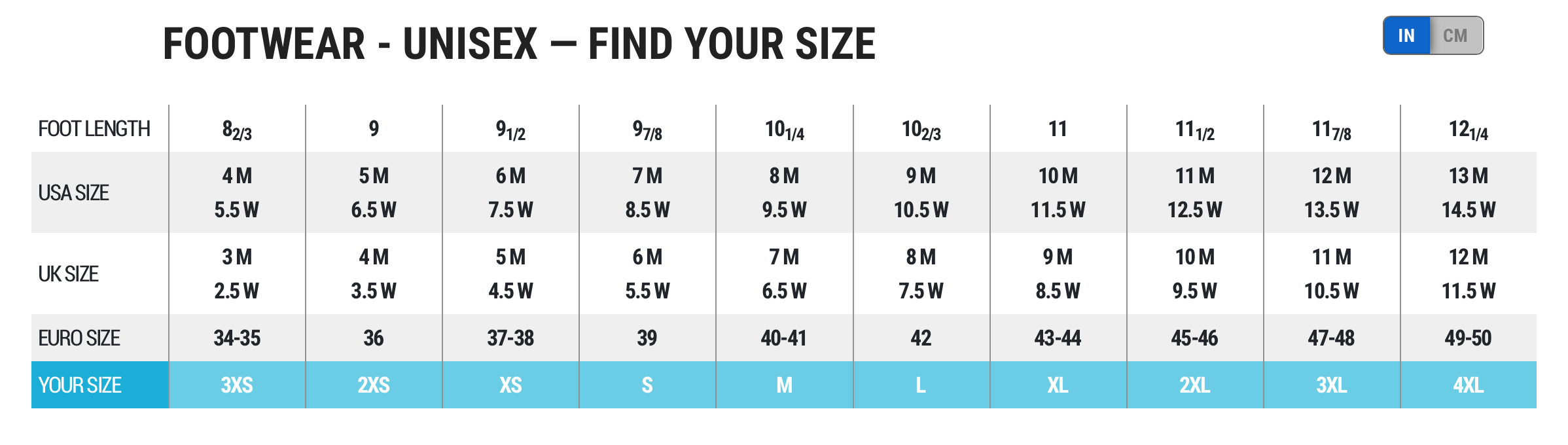 Male Size Chart for Soft Neoprene Replacement Socks