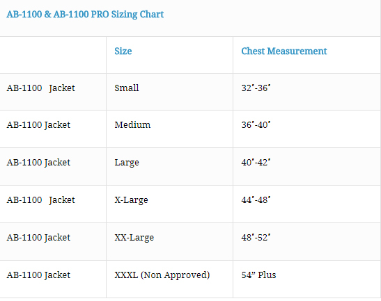 Size Chart for Float Bomber Jacket 