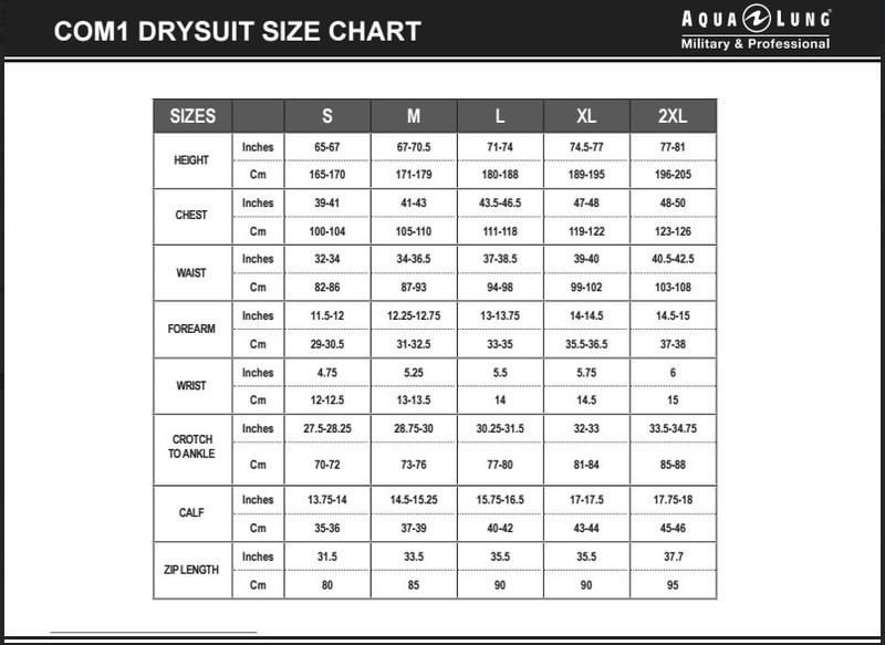 Size Chart for COM1 Drysuit - Closeout!