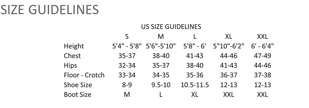 Size Chart for Coronado II Breathable Drysuit