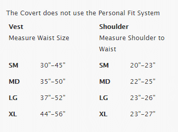 Size Chart for Covert XT BCD
