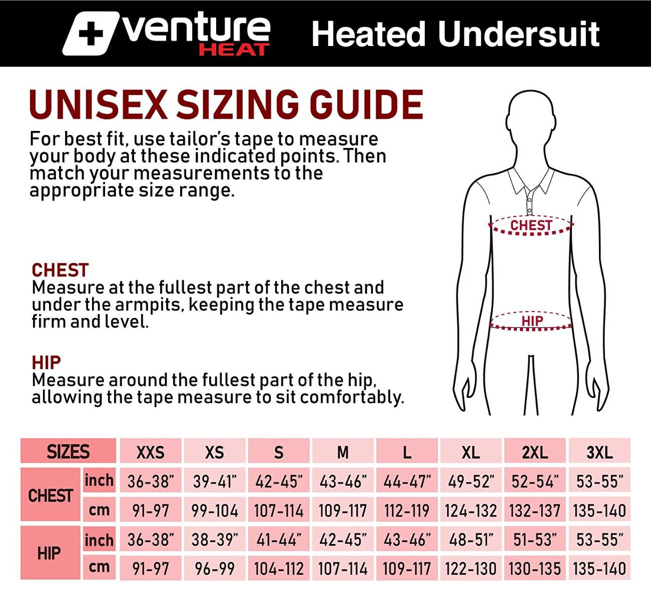 Size Chart for Delspring Wave - 20W Heated Diving/Surfing Undersuit