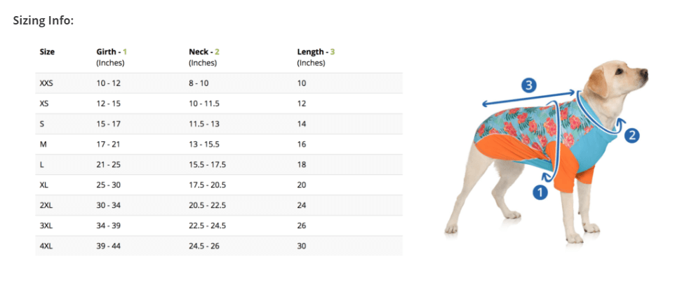 Size Chart for Dog Rash Guard “Turtle Sleeves”- Discontinued