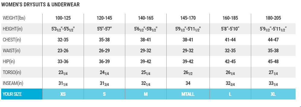Female Size Chart for Women's XL Aqua-Trek 1 Tech Dry - Open Box 