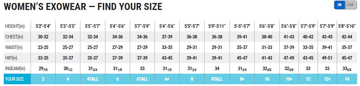Female Size Chart for EXOWEAR Full Suit  - Discontinued