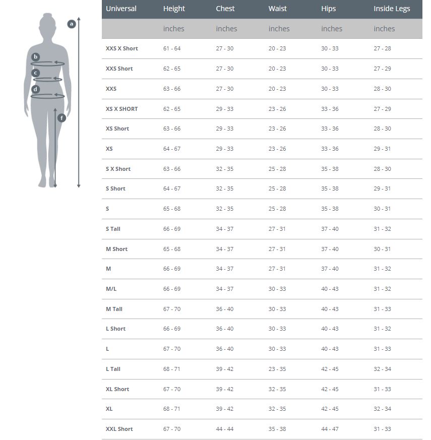 Female Size Chart for Halo AR Undergarment