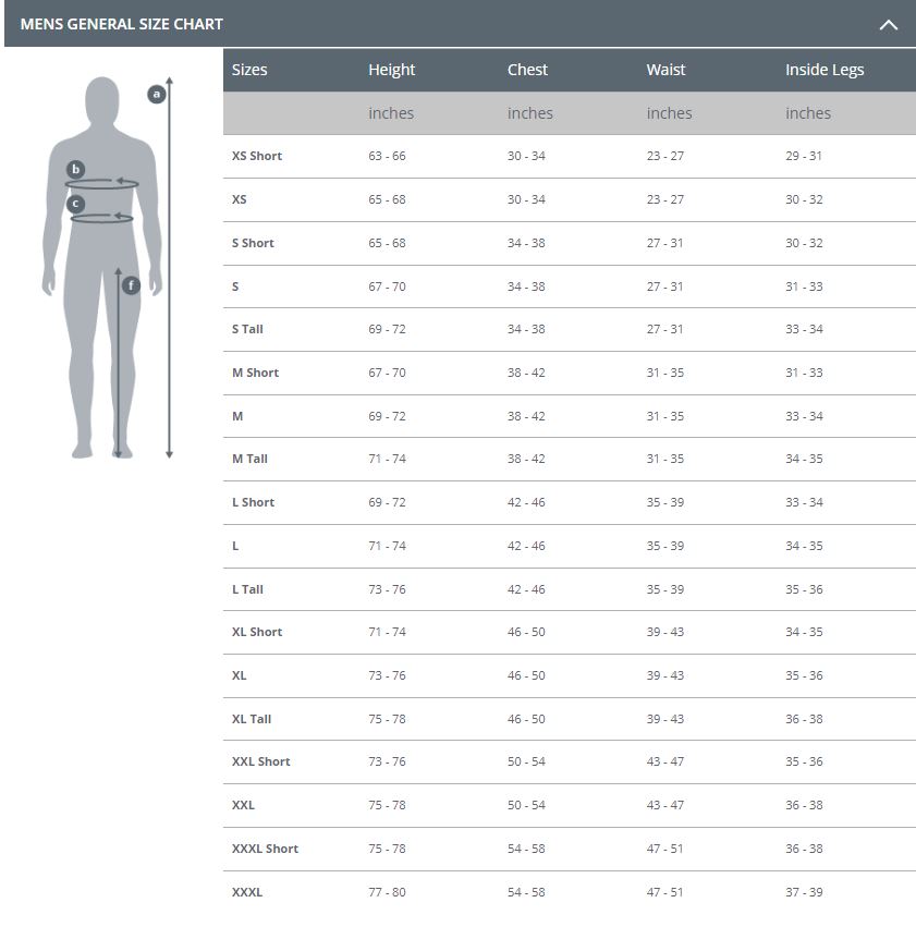 Size Chart for Halo AR Undergarment