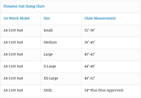 Size Chart for Antiexposure Flotation Suit