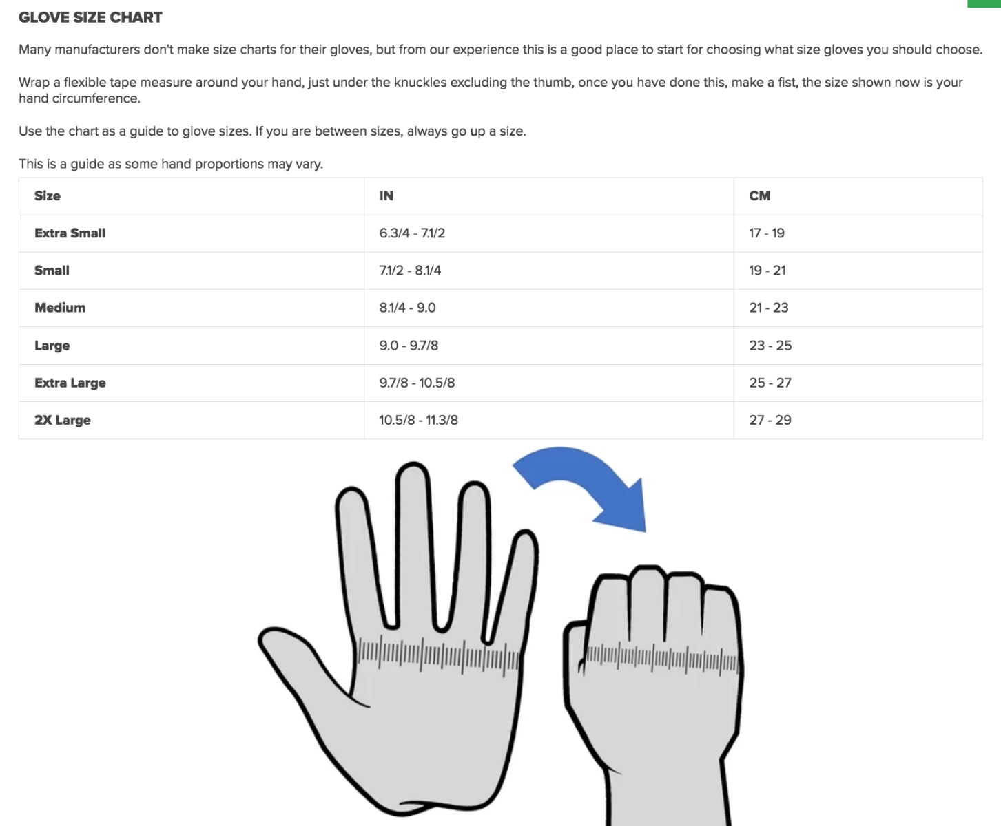 Size Chart for G2 1.5mm 5 Finger Glove