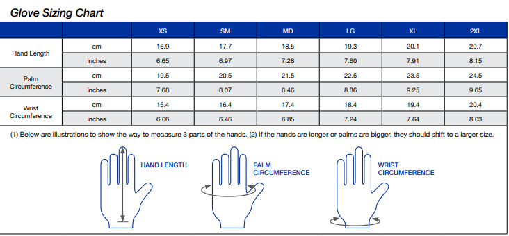 Size Chart for 3mm Touch Gloves