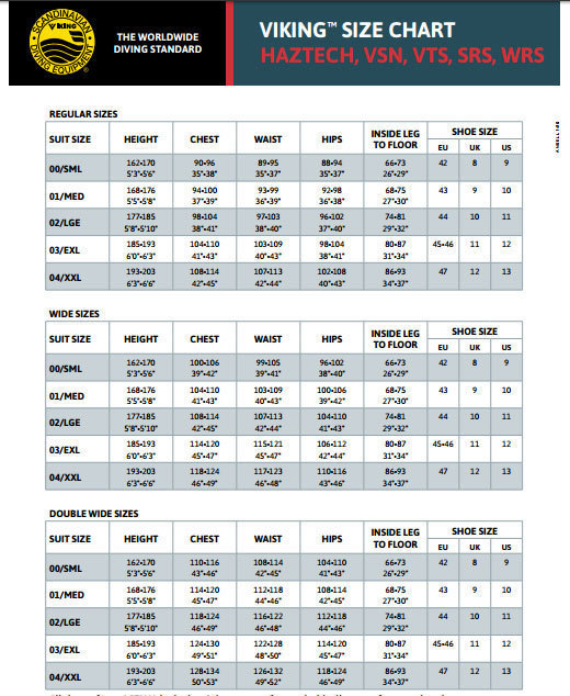 Size Chart for WRS - Water Rescue Dry Suit