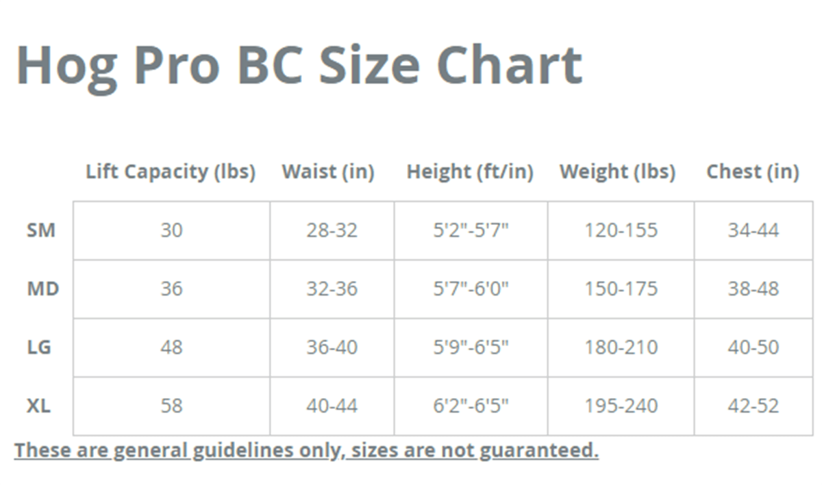 Size Chart for Hybrid PRO BCD