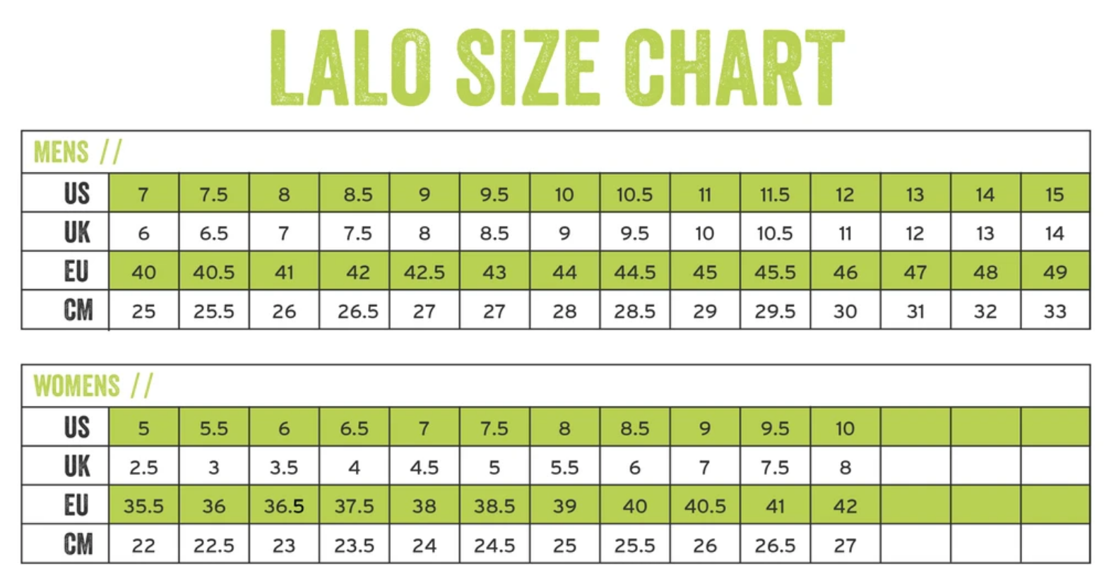Size Chart for Hydro Recon Boots