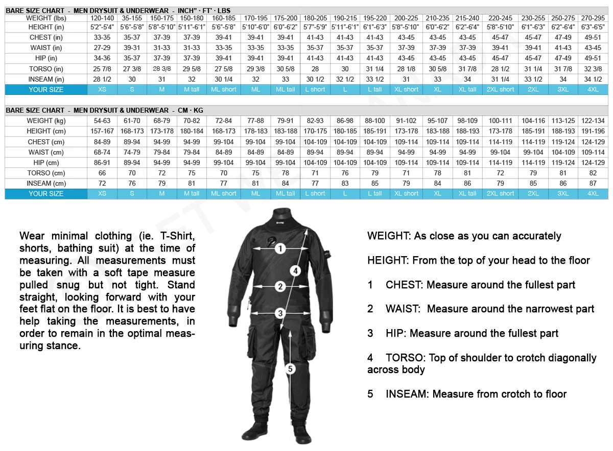 Size Chart for Sentry Tech Dry Drysuit 