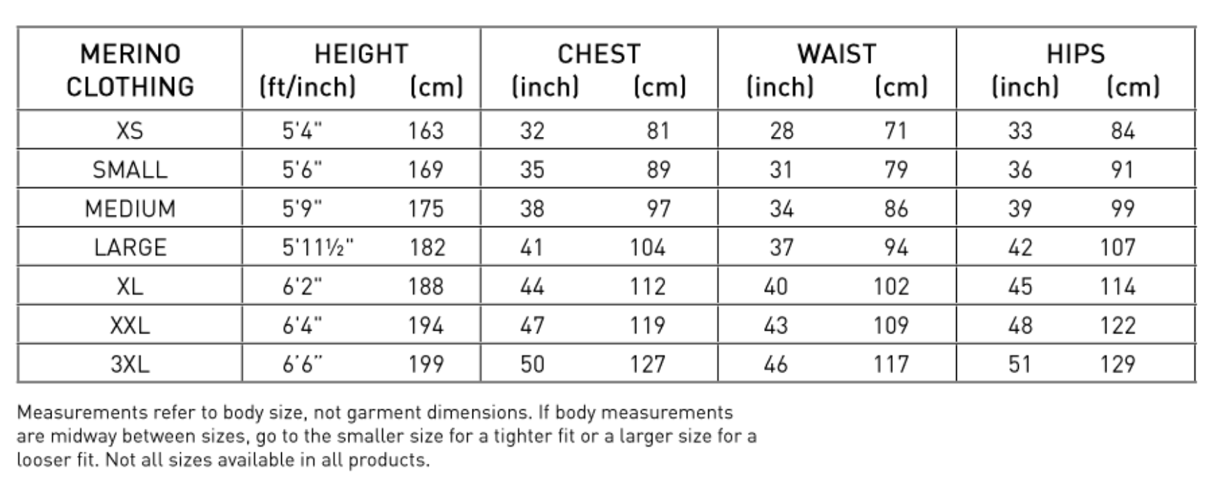 Size Chart for Merino Base Layer Long Sleeve 260
