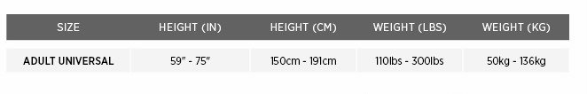 Size Chart for Ocean Commander Immersion Suit with Harness 