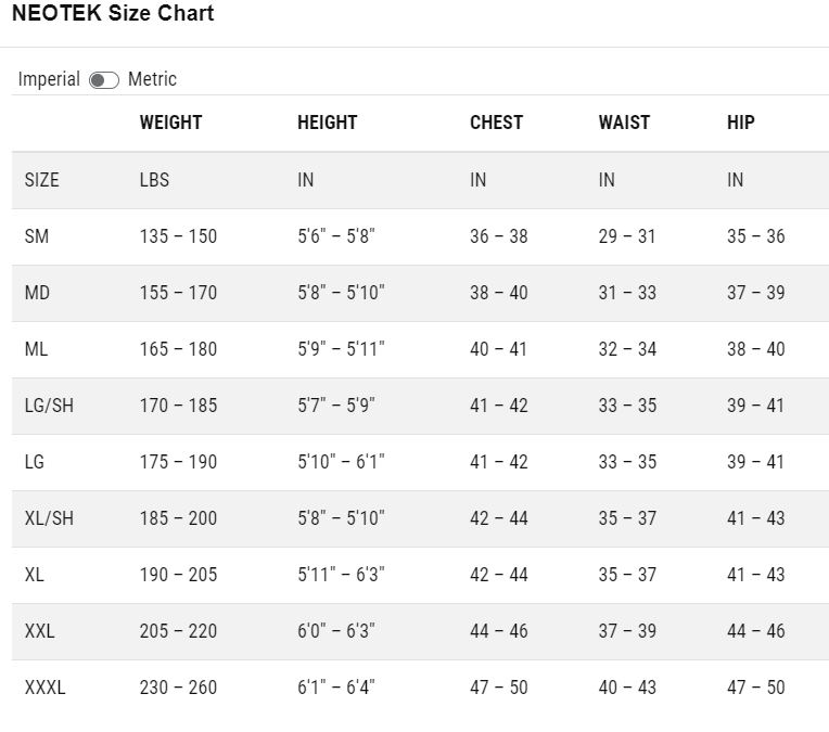 Size Chart for 4/3 Neotek Wetsuit