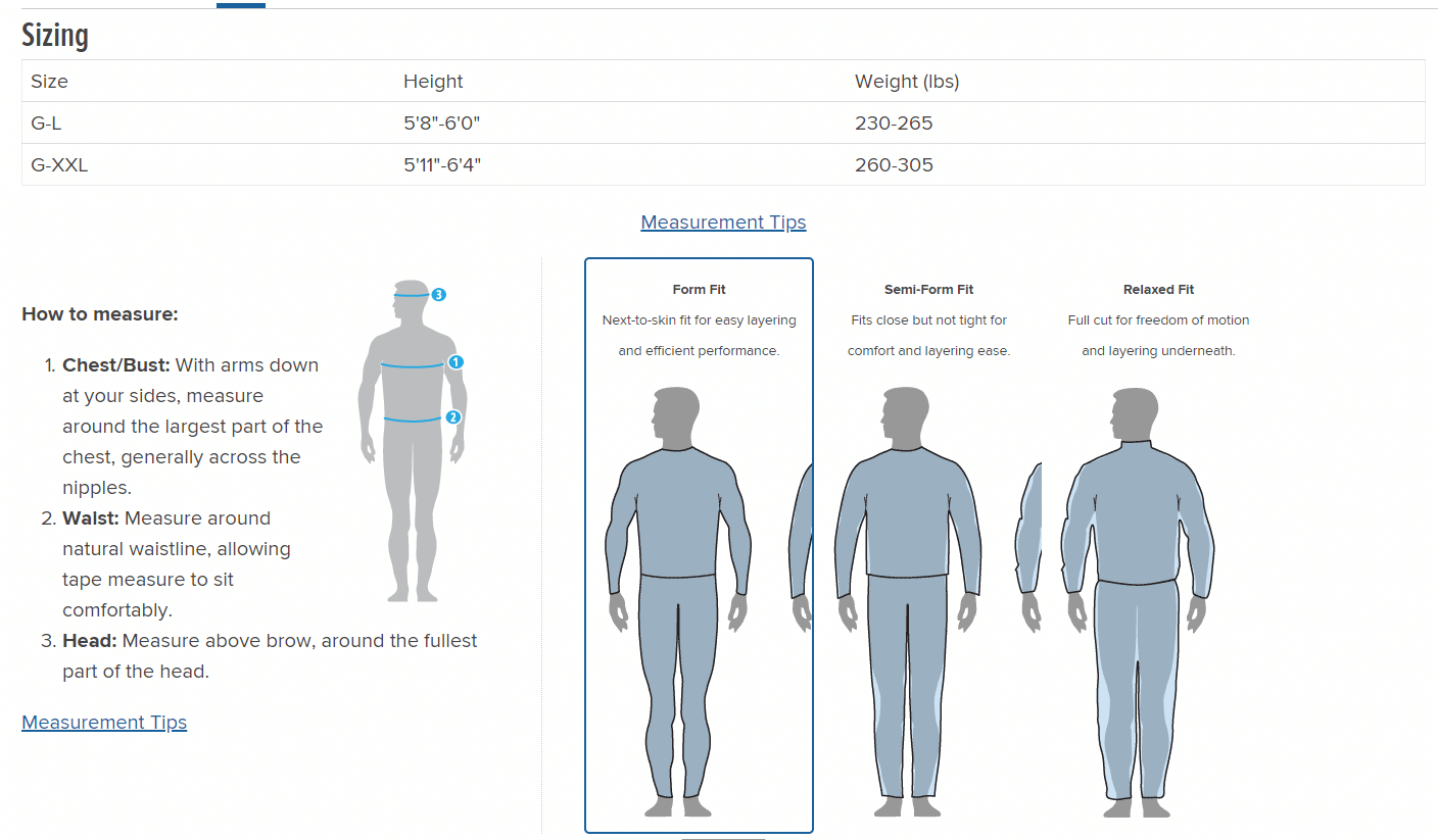 Size Chart for Grizzly Rescue Wetsuit