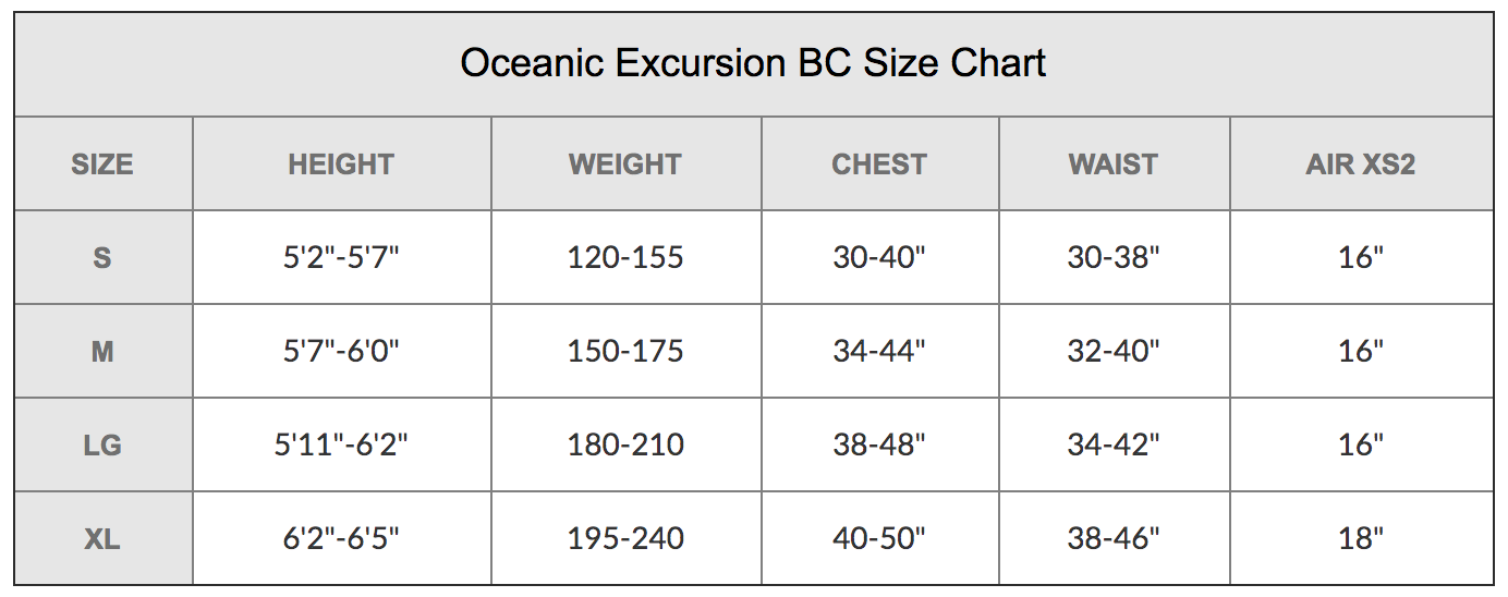Size Chart for Excursion Dive Master