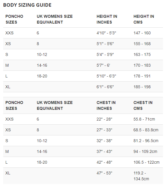 Size Chart for Storm Poncho- Discontinued 