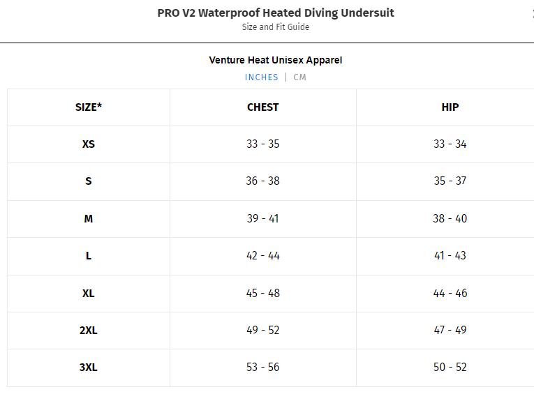 Size Chart for Pro V3 Heated Vest With Wireless Remote