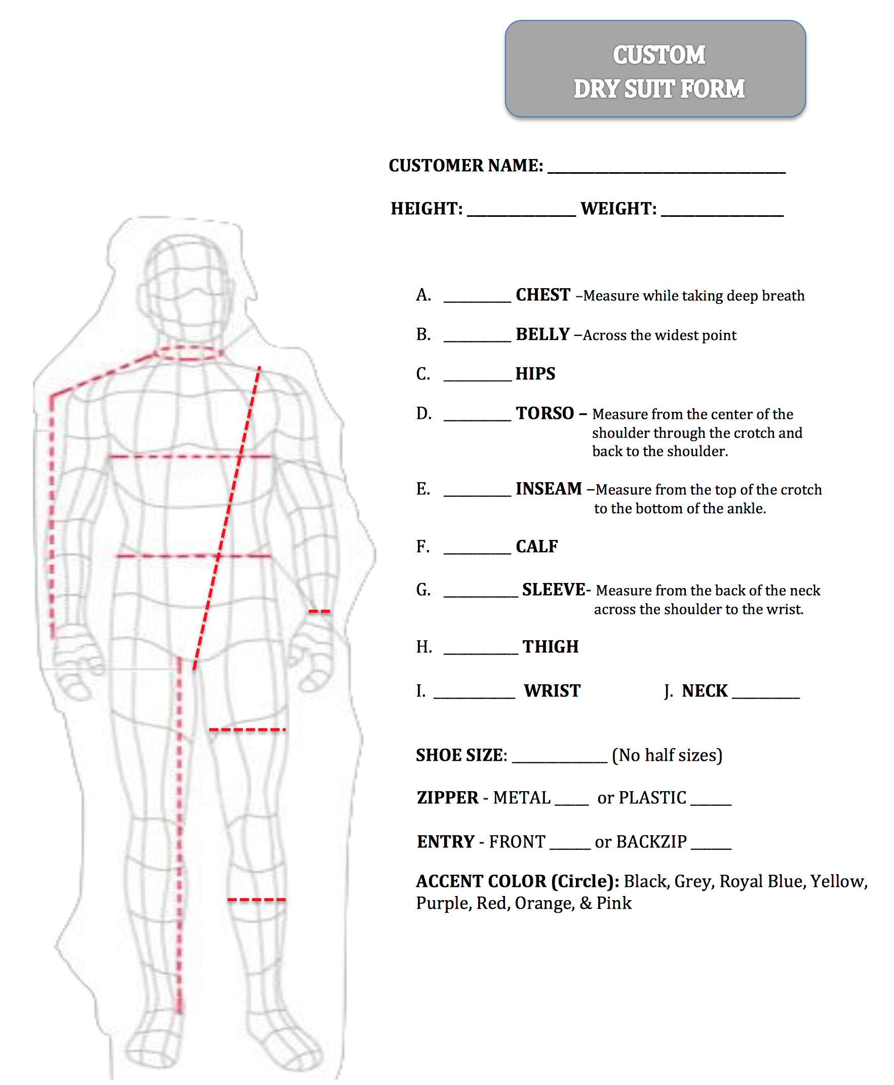 Size Chart for ProTech Bilam Full Custom Drysuit
