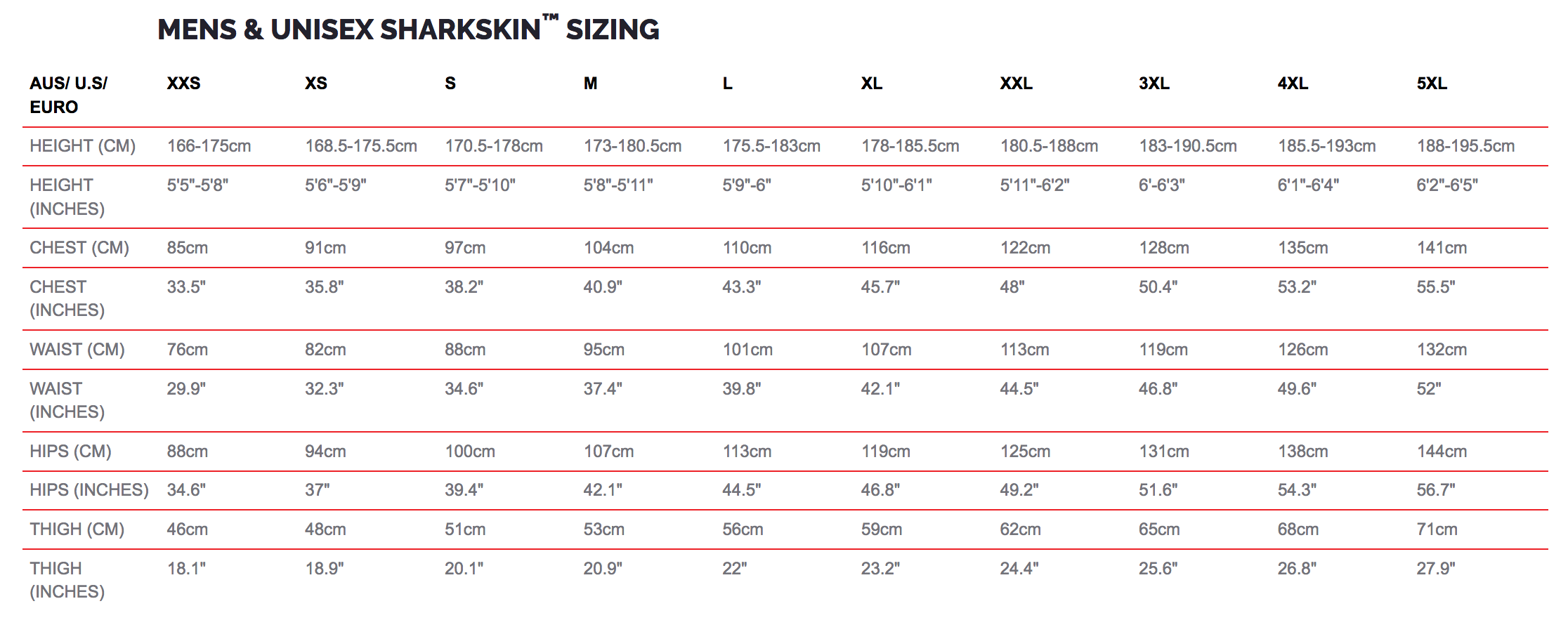 Size Chart for Closeout Chillproof Vest