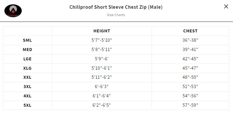 Size Chart for Chillproof Short Sleeve Chest Zip - Mens XL - Closeout