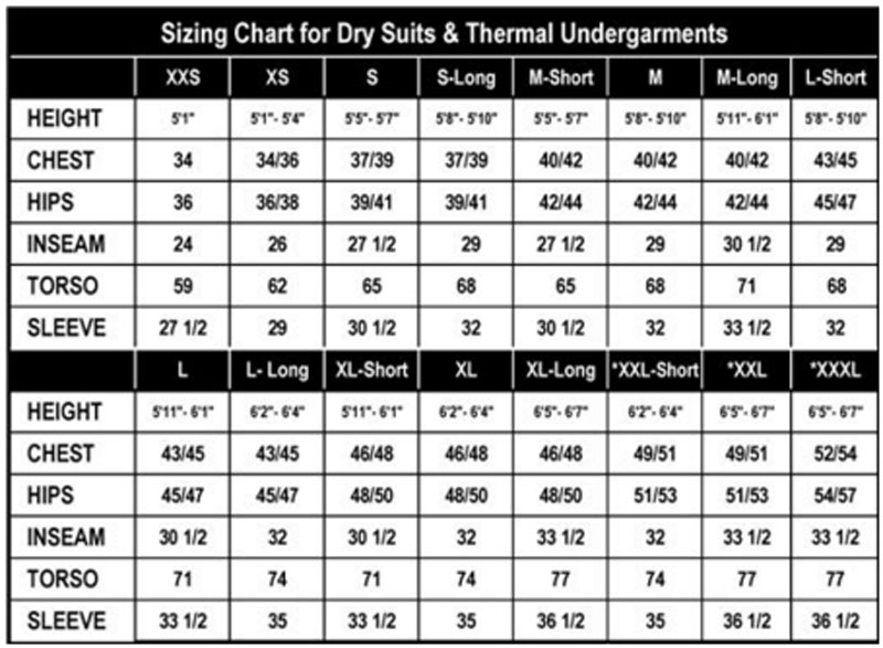 Male Size Chart for Aqua Sport Drysuit